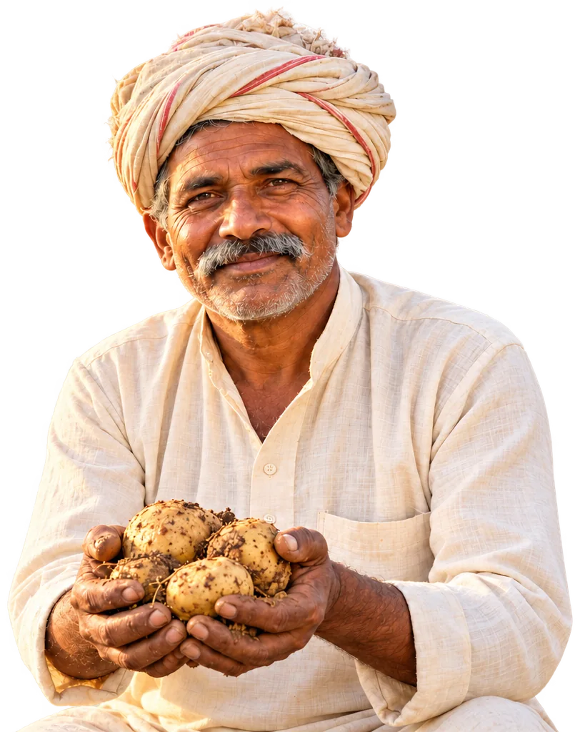 Rural Indian potato farmer holding freshly harvested potatoes in his field