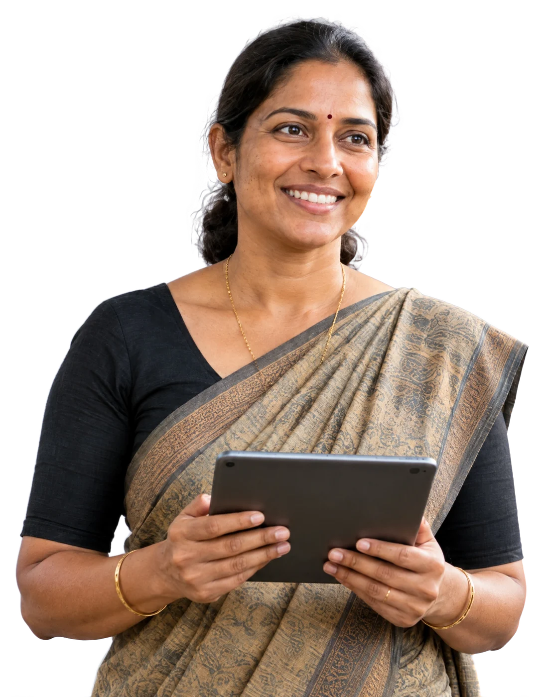Indian woman potato trader checking prices on a tablet at a wholesale mandi